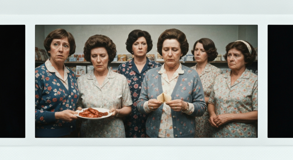 Group of women in vintage clothing looking concerned while examining organs for divination.