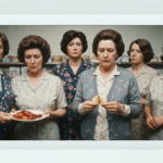 Group of women in vintage clothing looking concerned while examining organs for divination.
