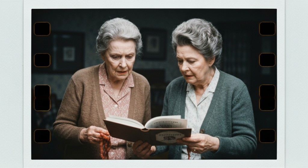 Two older women examine a book and animal organs, suggesting haruspicy.