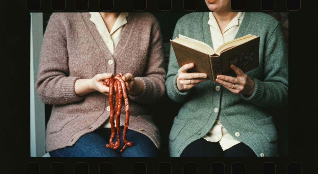 Two women in sweaters; one holds intestines, the other reads from a book.