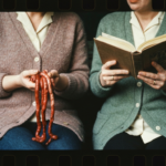 Two women in sweaters; one holds intestines, the other reads from a book.