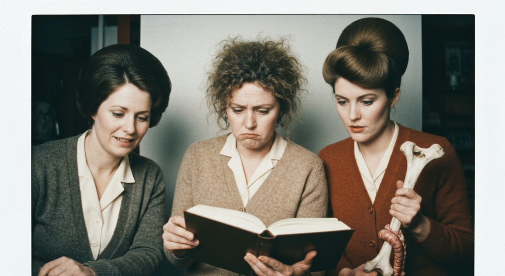 Three women in vintage clothing examine a book and animal bones, depicting haruspicy.