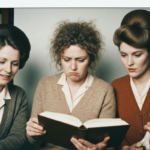 Three women in vintage clothing examine a book and animal bones, depicting haruspicy.