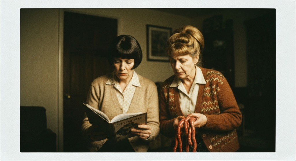 Two women examine divination tools: one reads a book, the other holds intestines.