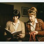 Two women examine divination tools: one reads a book, the other holds intestines.