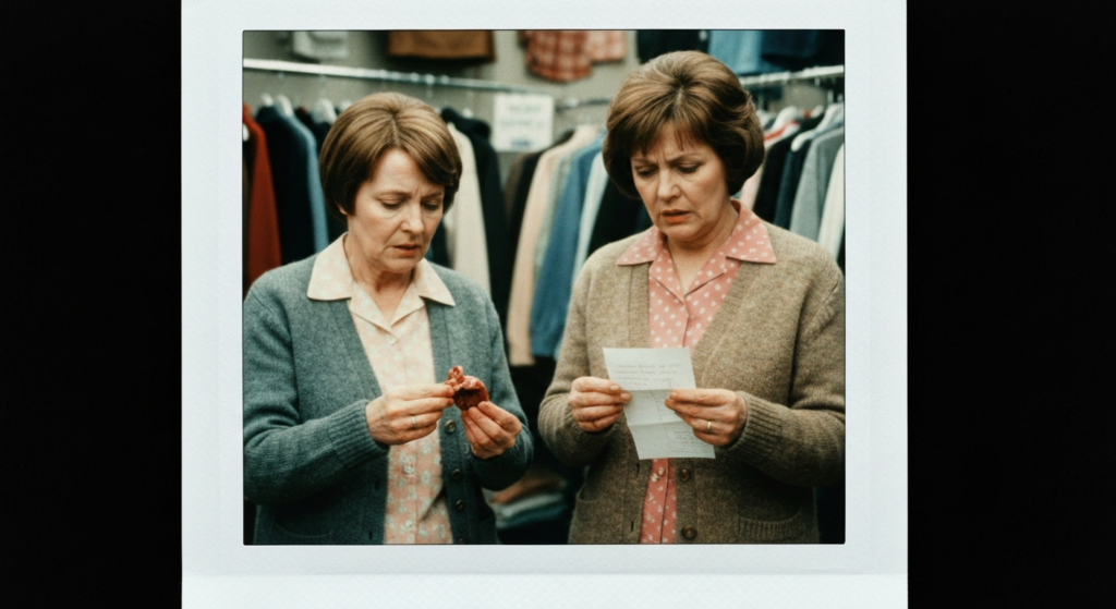 Two women in sweaters examine a small organ and a piece of paper in a clothing store.