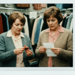 Two women in sweaters examine a small organ and a piece of paper in a clothing store.