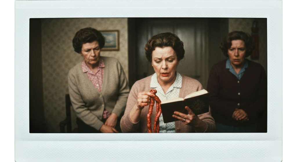 Three women in a vintage style examine animal organs for divination.