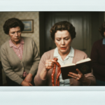 Three women in a vintage style examine animal organs for divination.