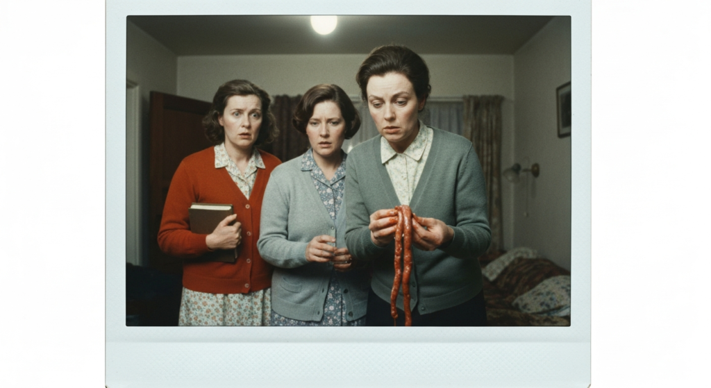 Three women in period clothing examine intestines, suggesting a scene of haruspicy.