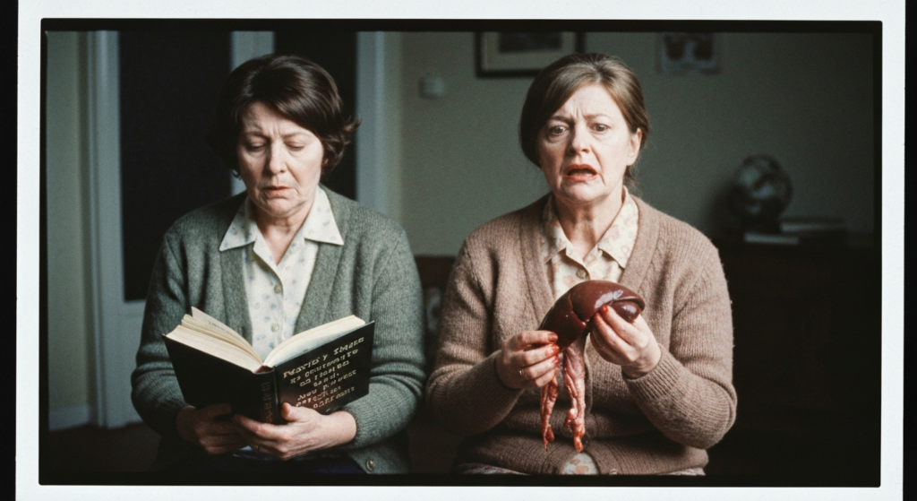 Two women, one reading a book, the other holding a raw organ, suggesting haruspicy.