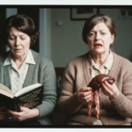 Two women, one reading a book, the other holding a raw organ, suggesting haruspicy.