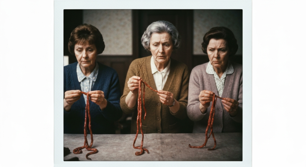 Three women examine reddish, stringy organs on a table, suggesting the practice of haruspicy.