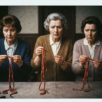 Three women examine reddish, stringy organs on a table, suggesting the practice of haruspicy.