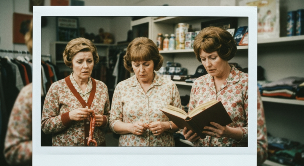 Three women in floral dresses examine an organ and an open book, suggesting haruspicy.