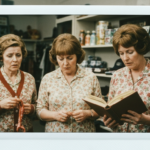 Three women in floral dresses examine an organ and an open book, suggesting haruspicy.
