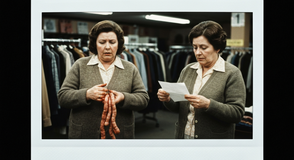 Two women in a clothing store examine animal organs, suggesting haruspicy.