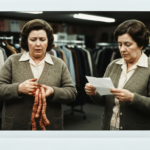 Two women in a clothing store examine animal organs, suggesting haruspicy.