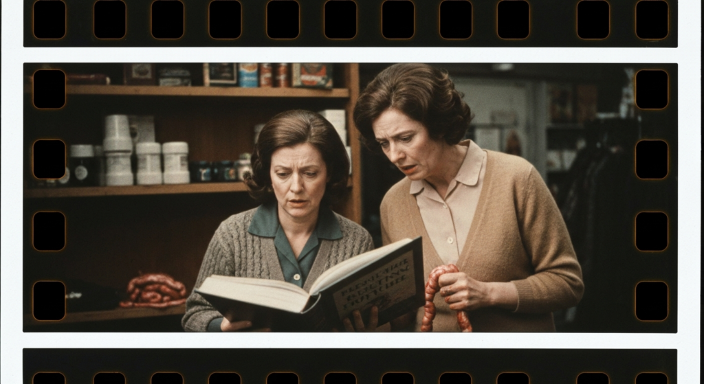 Two women in a dimly lit shop examine a book and a coiled animal organ.