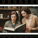 Two women in a dimly lit shop examine a book and a coiled animal organ.