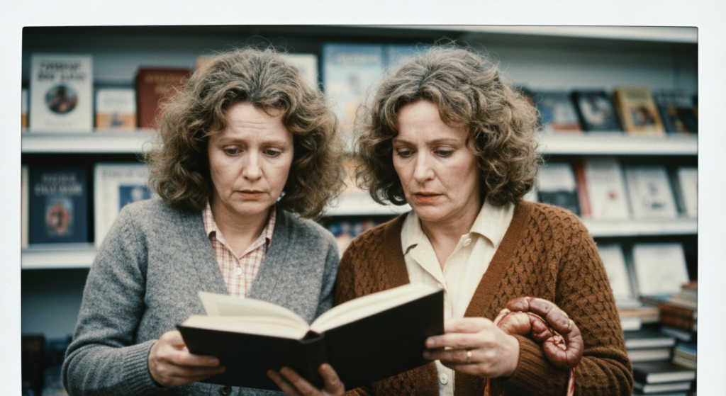 Two women in sweaters examine an open book and a roasted organ, suggesting divination.