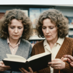 Two women in sweaters examine an open book and a roasted organ, suggesting divination.