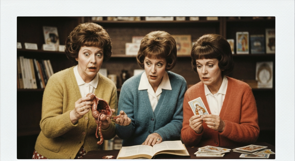 Three women in period clothing examine an organ and cards, suggesting haruspicy.