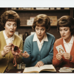 Three women in period clothing examine an organ and cards, suggesting haruspicy.