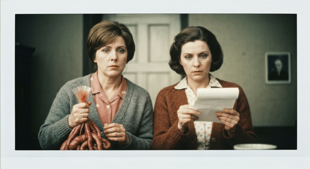 Two women in vintage clothing examine organs and paper, suggesting a scene about haruspicy.