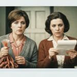 Two women in vintage clothing examine organs and paper, suggesting a scene about haruspicy.