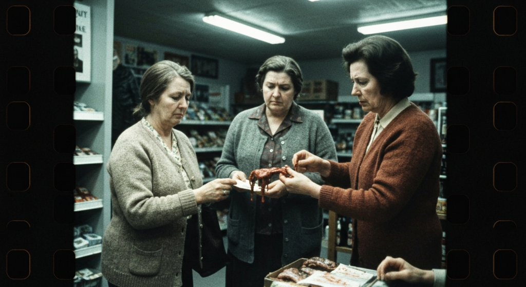 Three women in a shop inspect a piece of raw organ, suggesting divination or ritual practice.