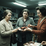 Three women in a shop inspect a piece of raw organ, suggesting divination or ritual practice.