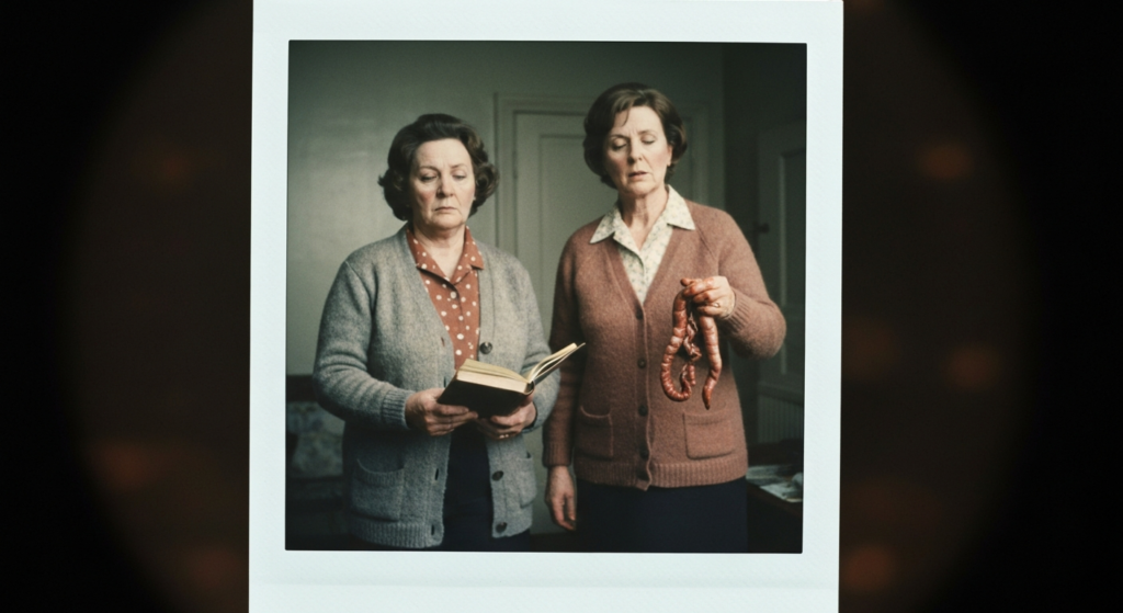 Two women in vintage clothing; one reads a book, the other holds and examines intestines.
