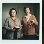 Two women in vintage clothing; one reads a book, the other holds and examines intestines.