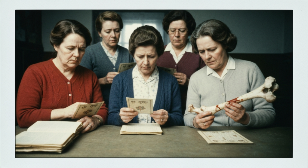Group of women examining bones and cards, suggesting haruspicy or divination.