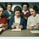 Group of women examining bones and cards, suggesting haruspicy or divination.