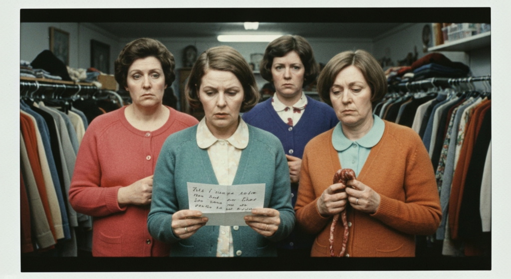 Three women in a clothing store, one holding a scroll and another holding a dried organ.
