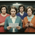 Three women in a clothing store, one holding a scroll and another holding a dried organ.