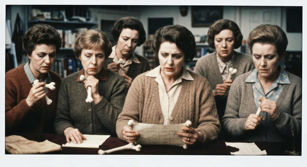 Seven women examining bones and divination materials on a table, suggesting haruspicy.