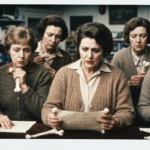 Seven women examining bones and divination materials on a table, suggesting haruspicy.