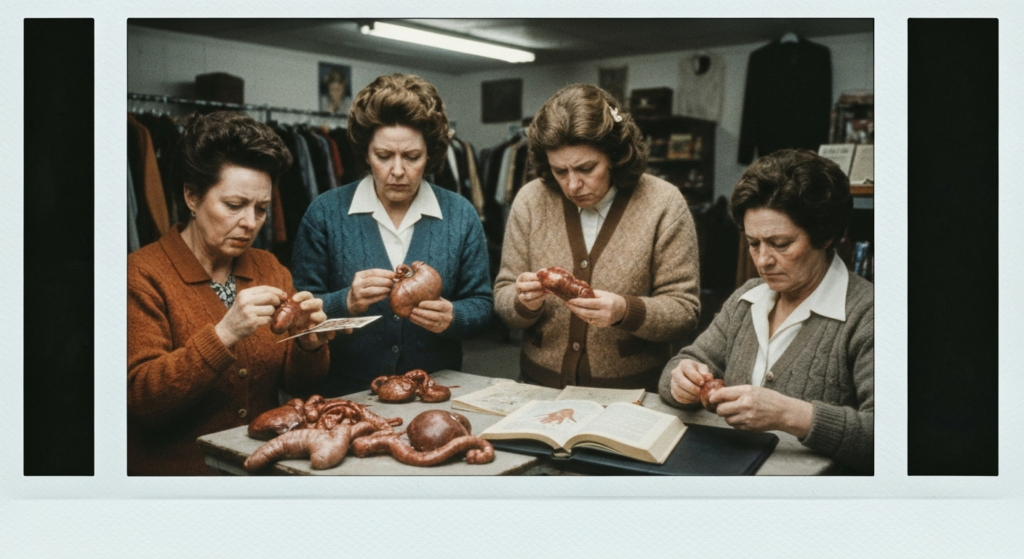 Four women examine animal organs and an open book, suggesting a séance or divination ritual.