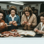 Four women examine animal organs and an open book, suggesting a séance or divination ritual.