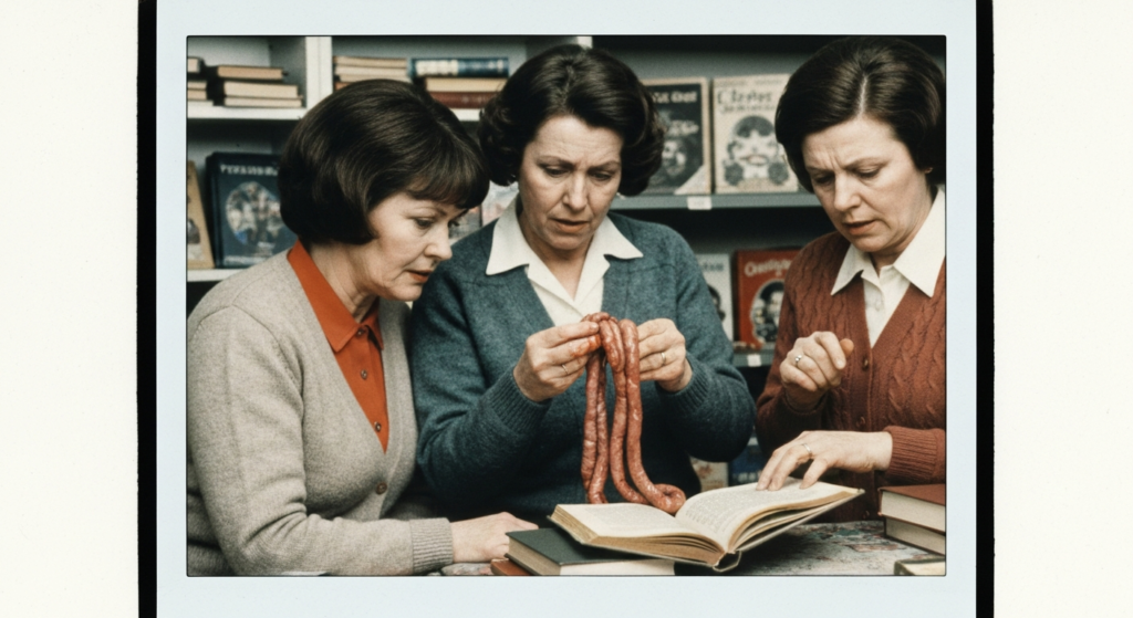 Three women examine sausages and an open book, depicting haruspicy.