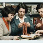 Three women examine sausages and an open book, depicting haruspicy.