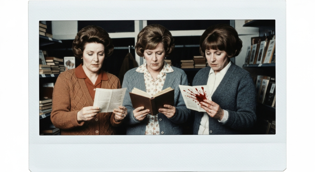 Three women in vintage clothing examine books and a bloody organ, suggesting divination or prophecy.