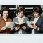 Three women in vintage clothing examine books and a bloody organ, suggesting divination or prophecy.