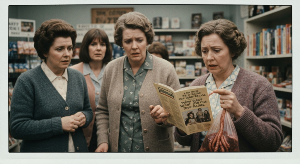 Group of women in a bookstore, one holding a book and a bag of intestines.