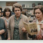 Group of women in a bookstore, one holding a book and a bag of intestines.