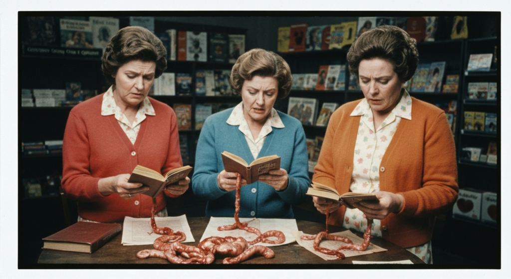 Three women examine coiled animal organs and open books on a table in a library setting.