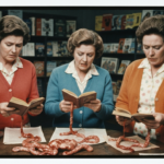 Three women examine coiled animal organs and open books on a table in a library setting.